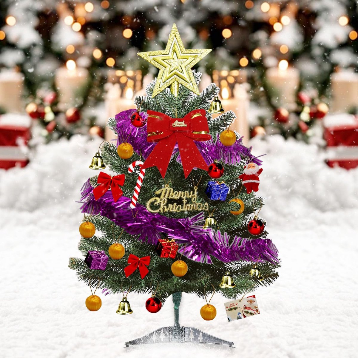 Kerstboom 60 cm - Met kerstballen en poinsettia - Perfect voor kleine ruimtes - Creëert een feestelijke sfeer - ShopVlot