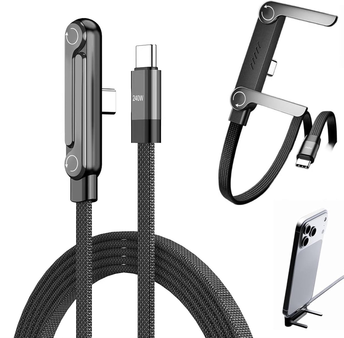 Thijox - Supersnelle 2-in-1 Oplaadkabel 1,5M met Onzichtbare Houder en Standaard, 240W Snellaadkabel voor Gaming, Kantoor en Reizen - Type C Compatibe