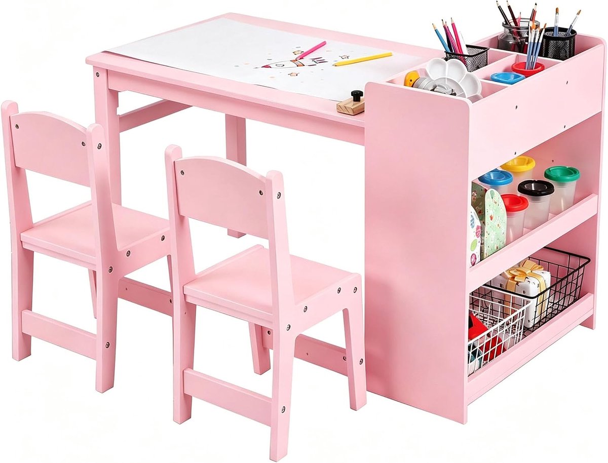 Triumpunpre - Kindertafel met 2 stoelen - veelzijdig leerset - tekentafel met opbergplank en boekenrek - geschikt voor kinderen 3-5 jaar - Roze