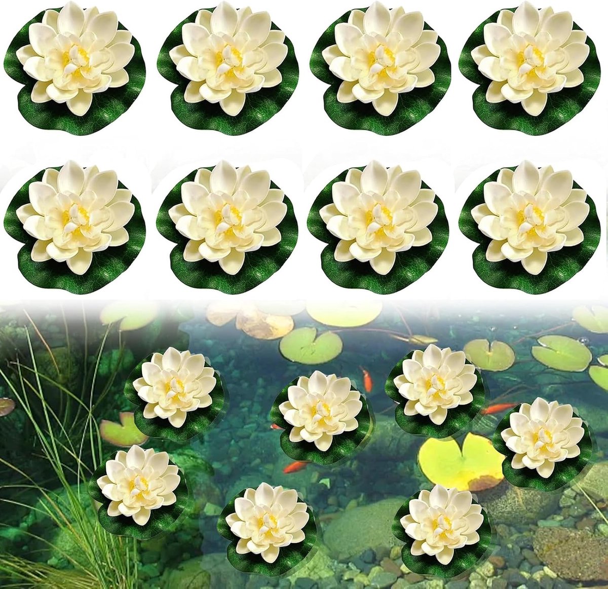 8 stuks drijvende bloemen, kunstmatige waterlelies, waterplanten minivijver, vijverplanten, kunstmatige waterplantenbloemen, witte lotus minivijver decoratie voor visvijver, tuinvijver, vijver terras