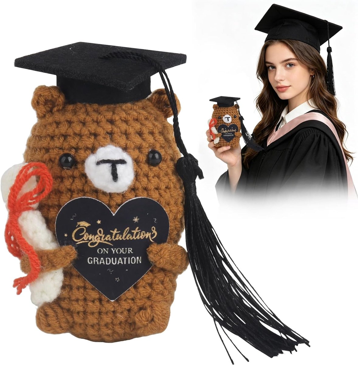 Teddybeer afstuderen 8 cm - gebreid met doctorshoed - geluksbrenger voor eindexamen - leuk vrijgezellencadeau - ShopVlot