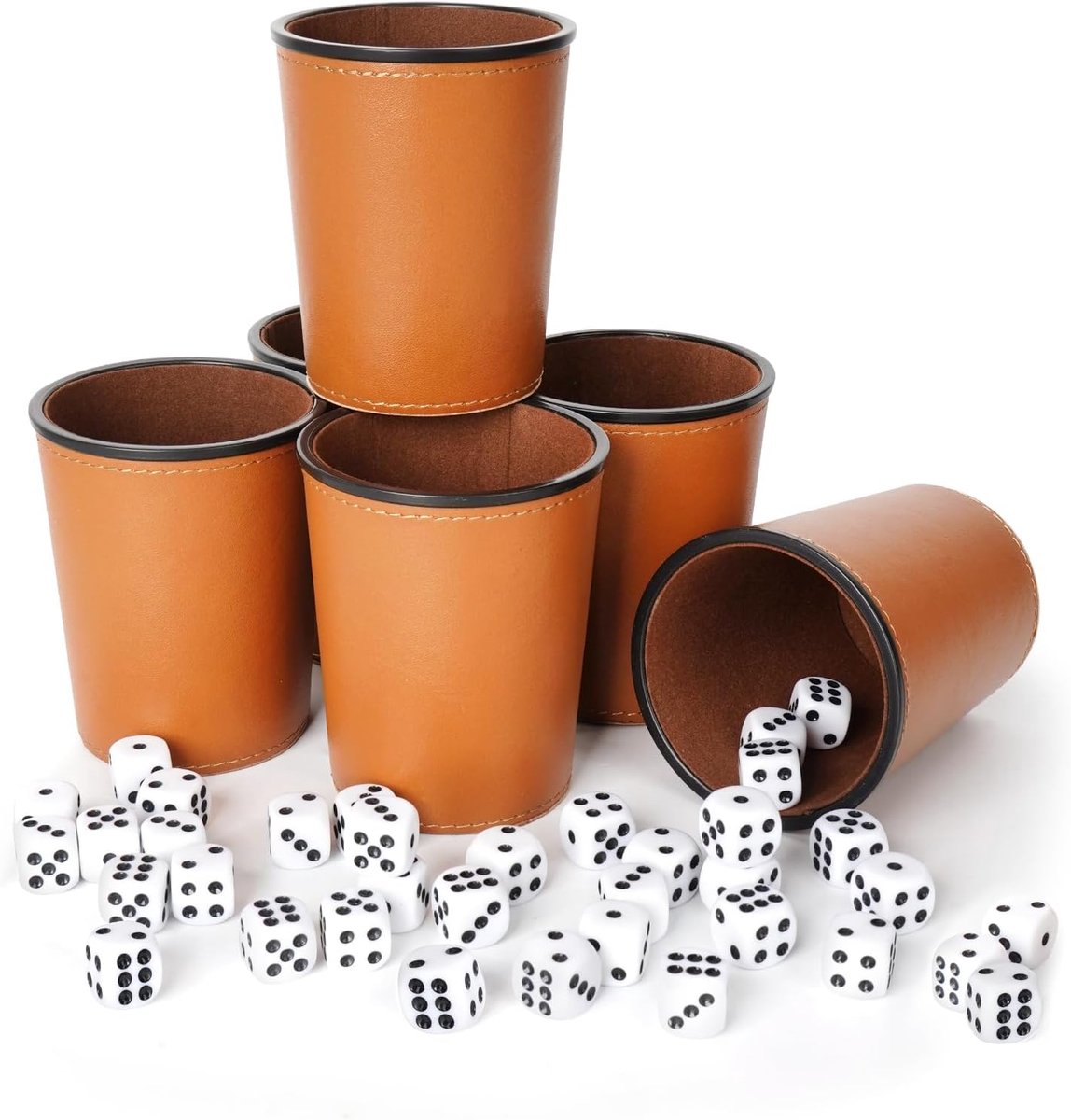 Set van 6 stuks dobbelbekers met 6 leren dobbelstenen en 36 dobbelstenen (16 mm), schoksbestek, voor barfeest dobbelspel