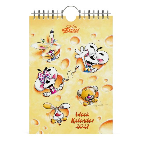 Diddl weekkalender 2027 met vrolijke muizenfiguren op een gele kaasachtergrond.