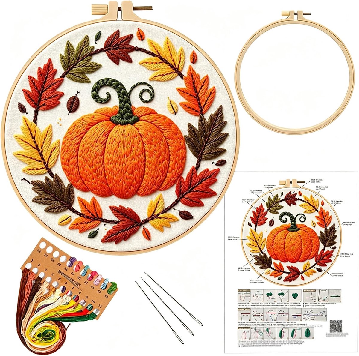 Beyinkoy-borduurpakketten met pompoenen, Halloween-borduurpakket met herfstbladeren inclusief borduurring, garen en naalden, doe-het-zelf-borduurpakket voor beginners, borduurring van 20 cm (CX1387)