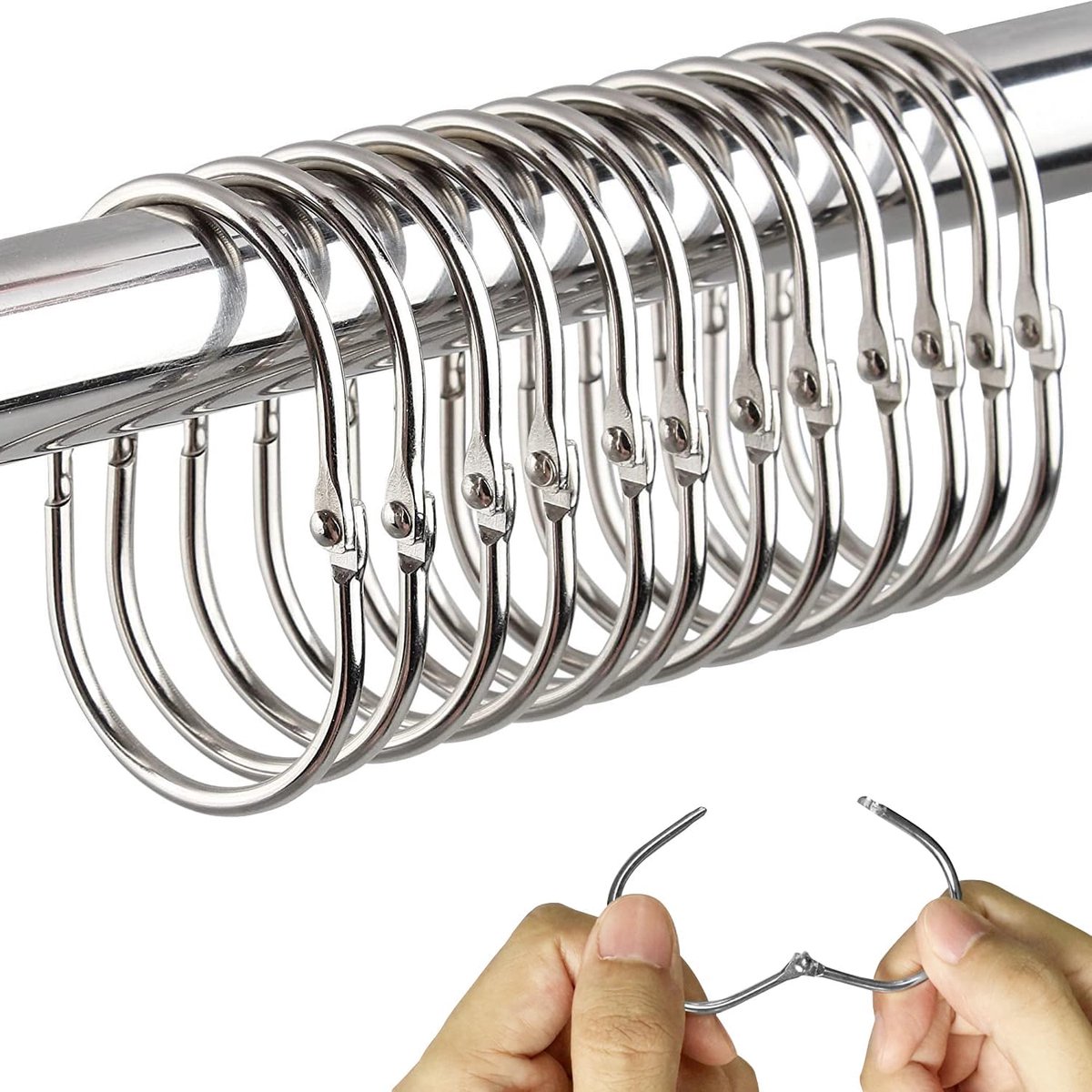 12 stuks roestvrijstalen metalen douchegordijnhaken, ovale voorhanghaken, douchegordijnaccessoires, voor douchegordijn in de badkamer, gordijn (zilver)