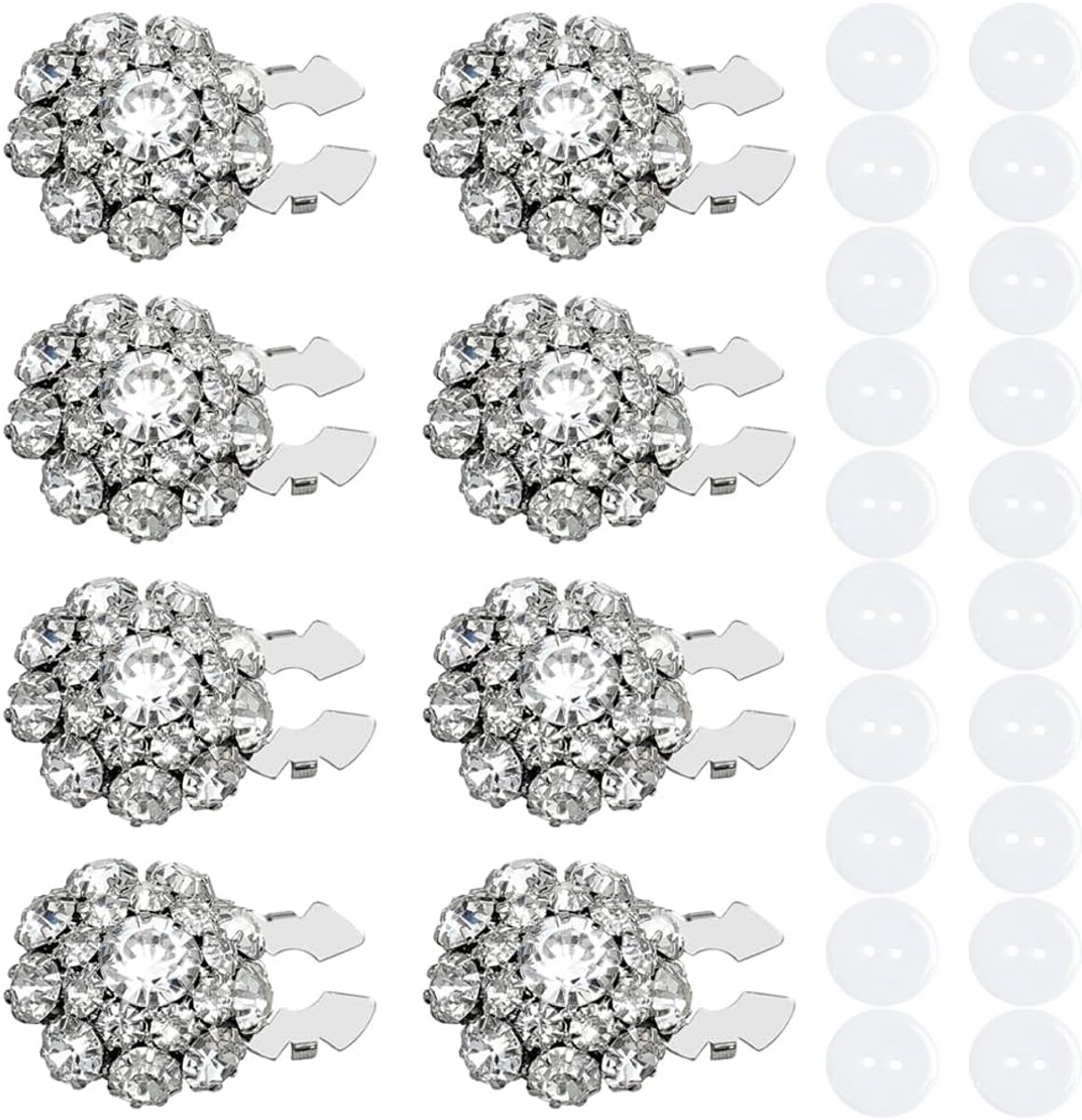 8 stuks strass knop cover, zilver witte diamant kristal knoppen afneembaar blouses kristal decoratieve clips naaiclips covers DIY ambachtelijke decoratie benodigdheden voor jeans jassen jurken