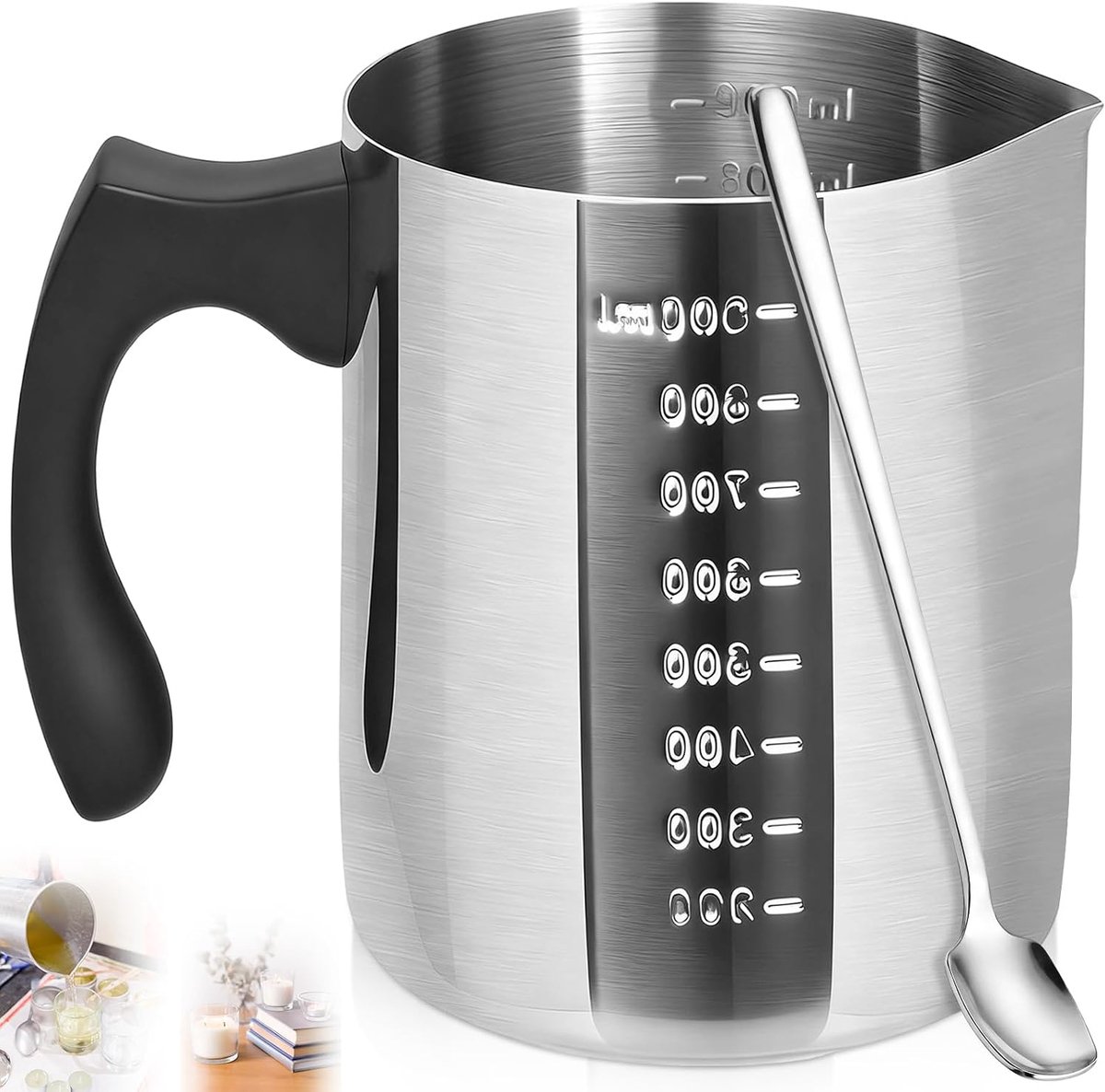 900 ml kaarswas, smeltpot met graduatie & handvat en lepel, roestvrij stalen kaarssmeltpot, wassmeltpot, kaarsenmaker, pot voor doe-het-zelf kaarsen, gieten, zeep maken