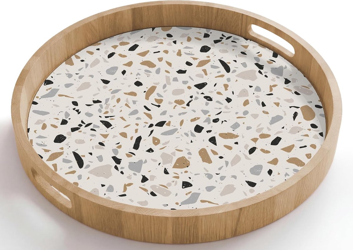 Dienblad Rond 50x50 cm Serveerblad Met Handgrepen Krasbestendig Hittebestendig Eikenhout Wooden Serving Tray Koffie Thee Terrazzo - Patroon - Staal