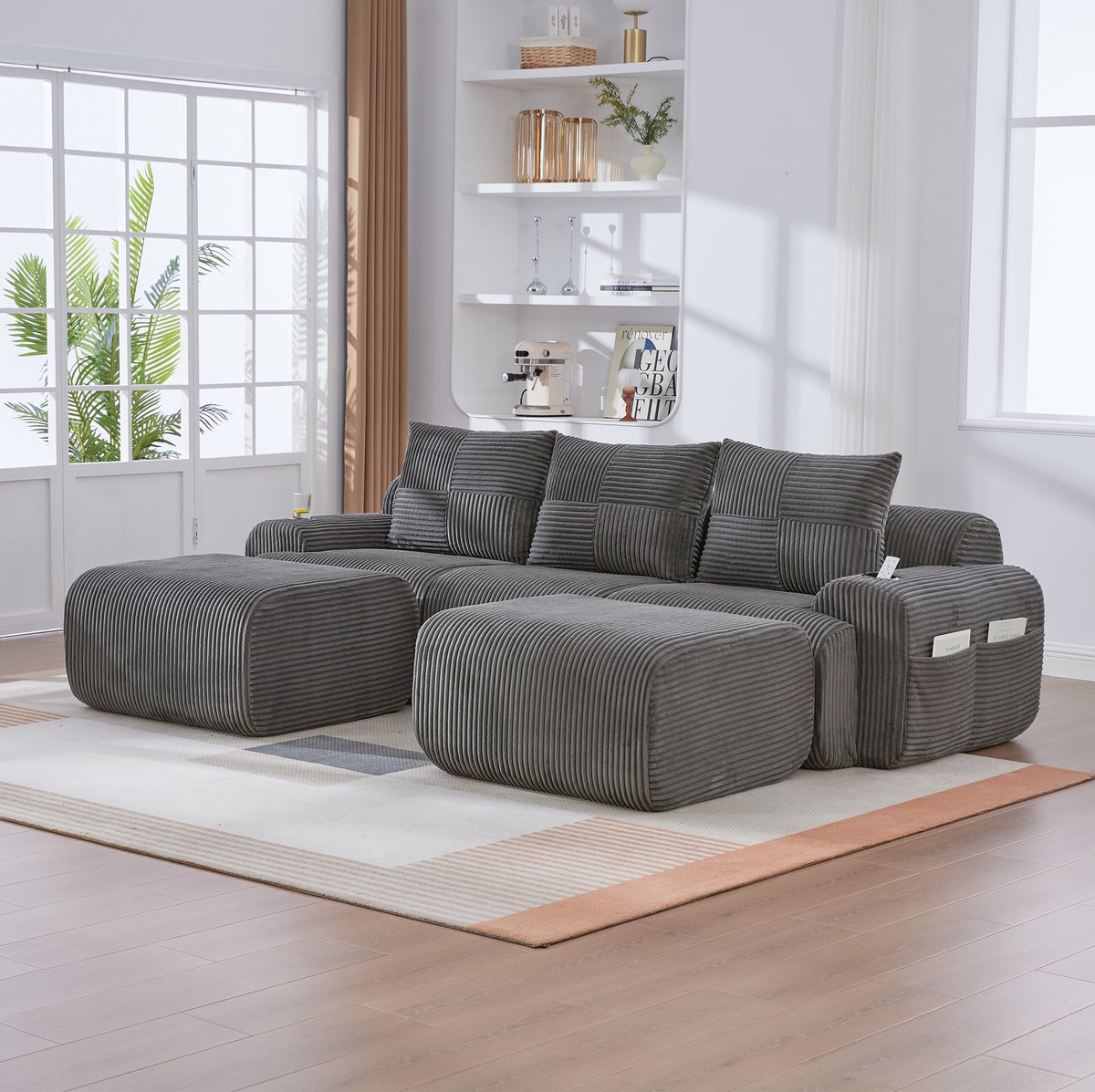 DESMIU Bank - Modulaire Bank 3-Zits Met 2 Hockers - Cupholder En Opbergtas - Voor Woonkamer En Familiekamer - Corduroy Donkergrijs
