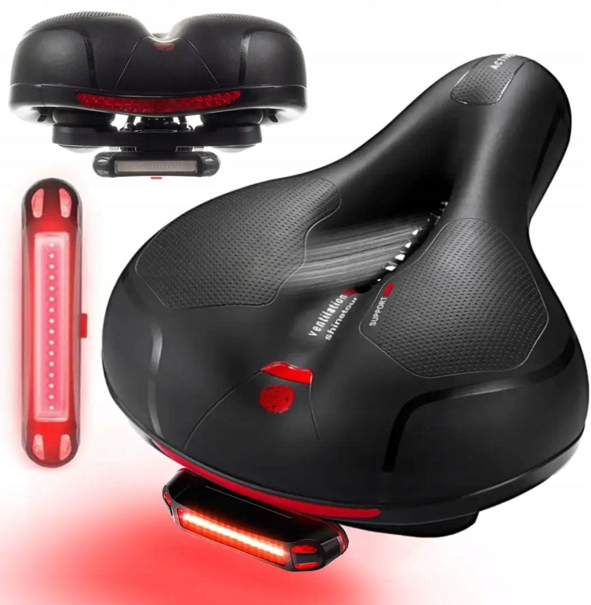 Comfortabel Fietszadel met USB LED Lamp - Breed & Zacht - Zwart/Rood