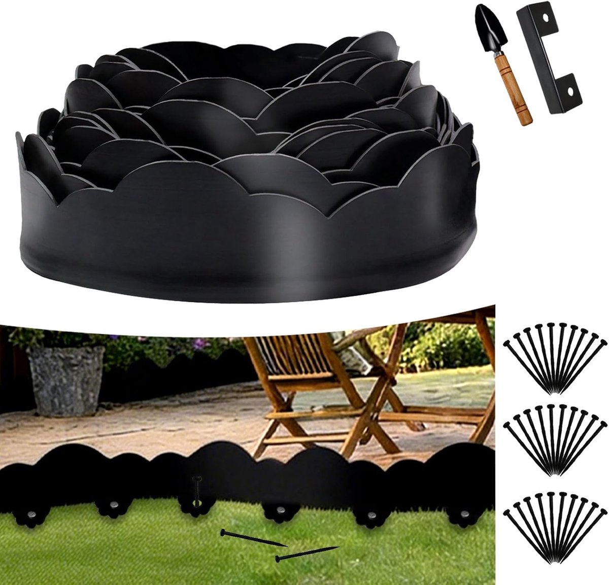 Flexibele plastic grasrand 10cm x 10m - zwart golfvormig - met 30 grondankers - eenvoudig te installeren - ShopVlot