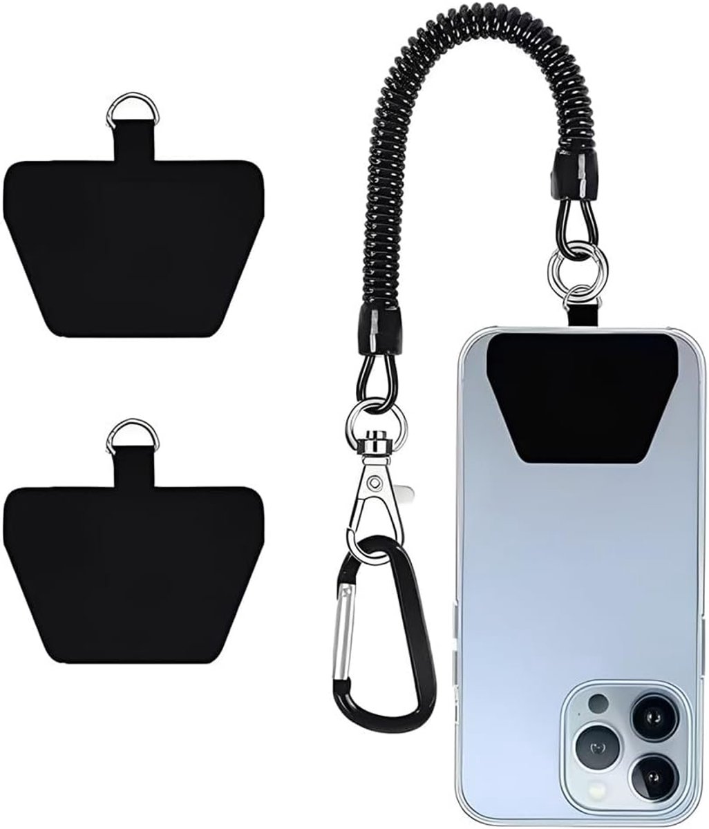 Anti-diefstal set - 1 elastische rope, 2 pads, 1 carabiner - zwart - veilig smartphone bevestigen - ShopVlot