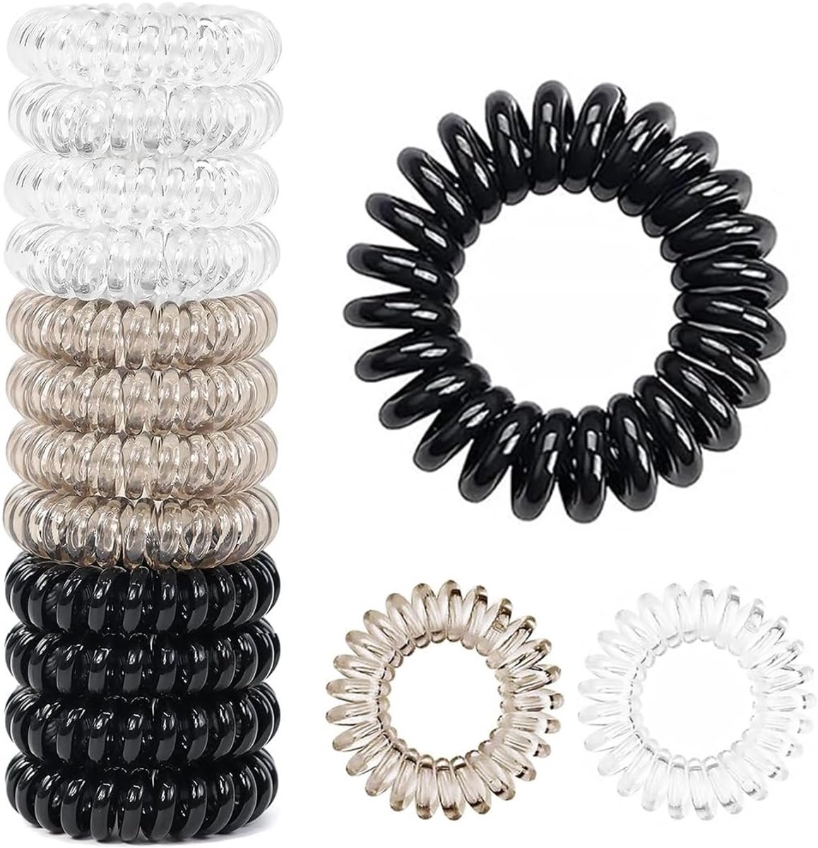 Haarelastiekjes 12 stuks - spiraalrubber kunststof - zwart, wit, grijs - perfect voor elk kapsel - ShopVlot