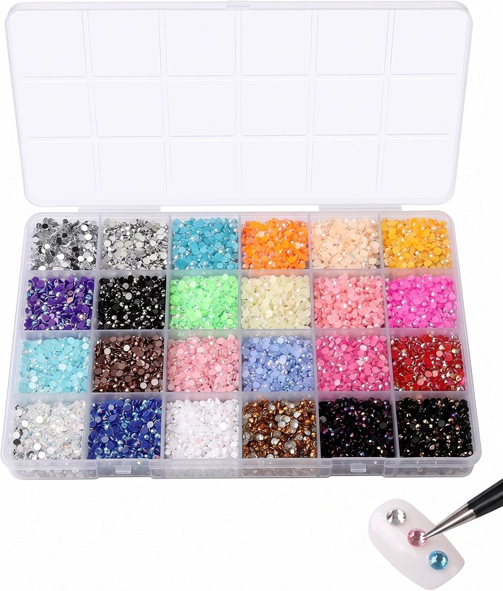 Strassteentjes 3 mm - 24 kleuren in sorteerdoos - platte ronde glitterstenen - perfect voor textieldecoratie - ShopVlot