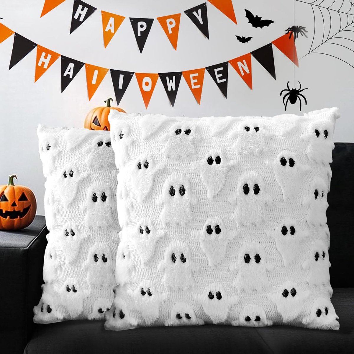 Halloween Kussenslopen 45 x 45 cm - Wit Ghost Design - Decoratief - Perfect voor de woonkamer - ShopVlot