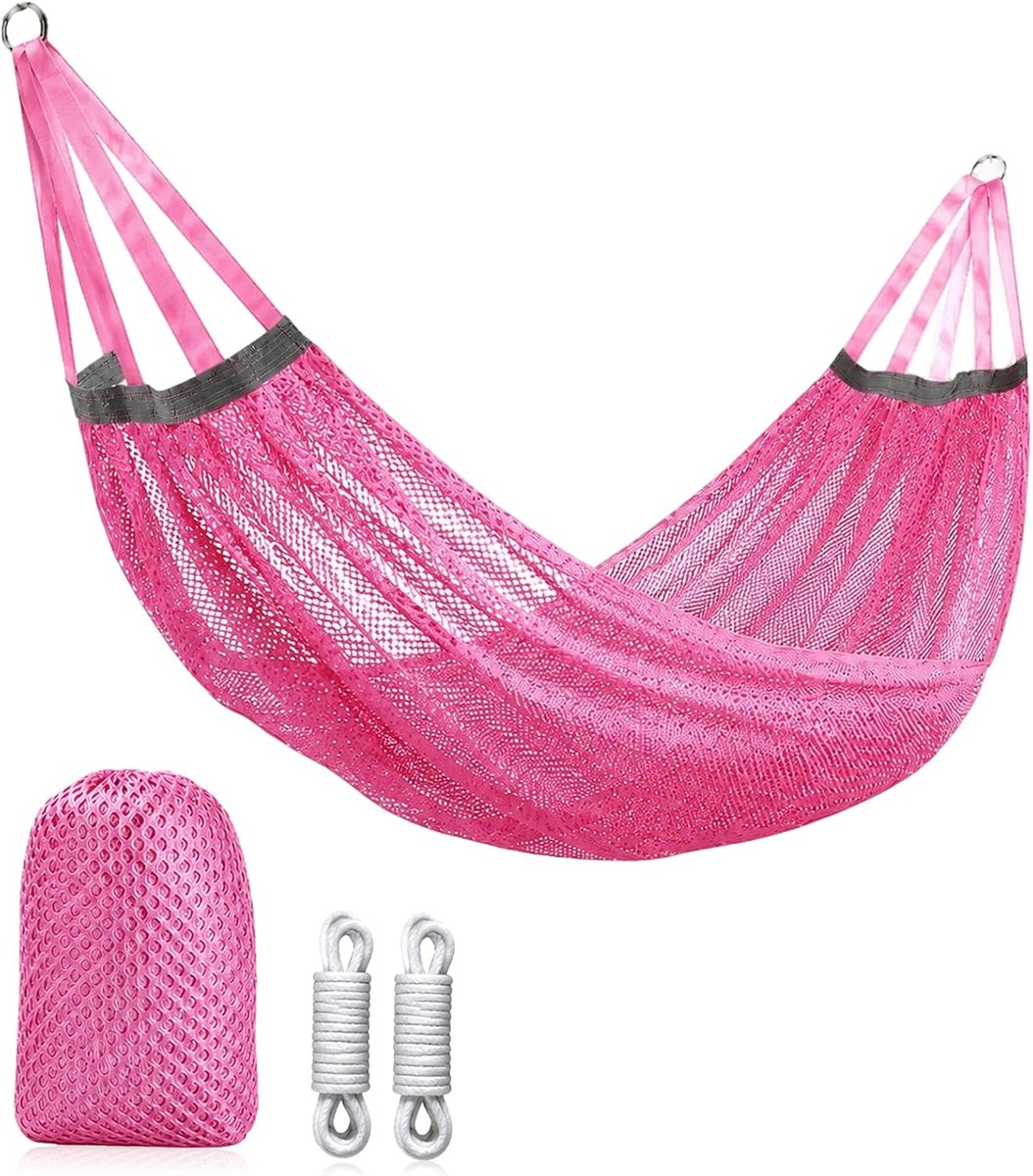 Campinghangmat 260 x 130 cm - ademend polyester mesh - met boomriemen - ideaal voor buitengebruik - ShopVlot