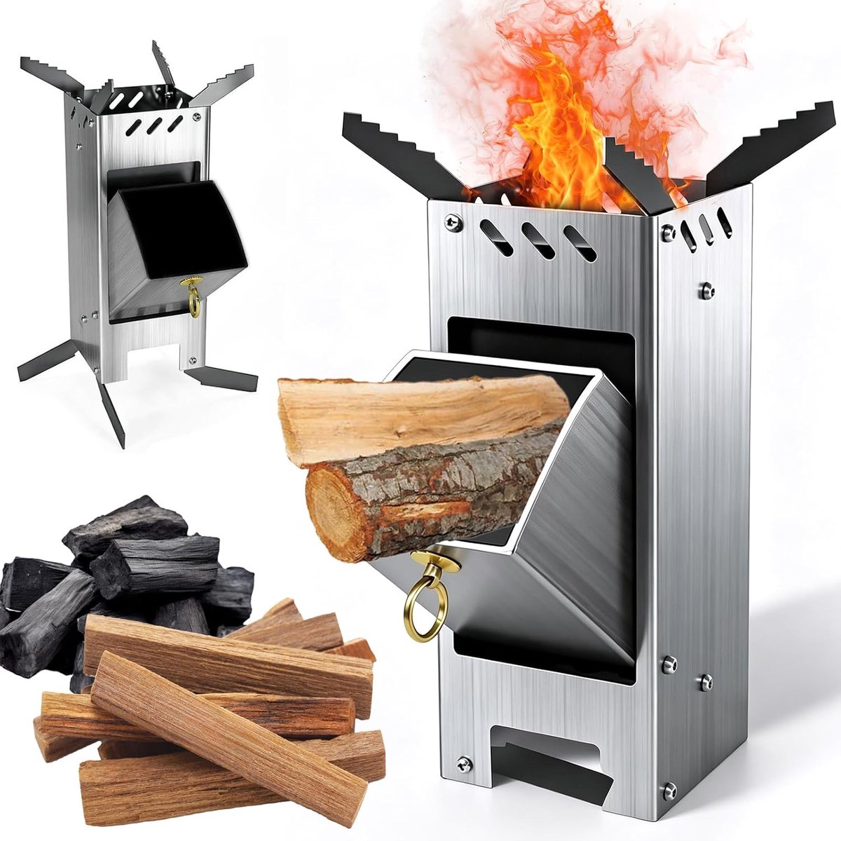 Raketoven met grillplaat groot - massief 3 mm staal - houtkachel outdoor - ideaal voor camping en BBQ - ShopVlot