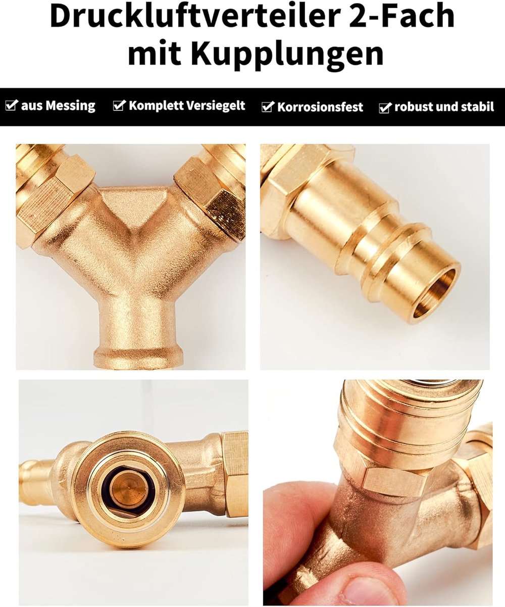 Luchtverdeelstuk 2-gang - Messing koppeling - 1/4 inch - Voor snel aansluiten van gereedschap - ShopVlot