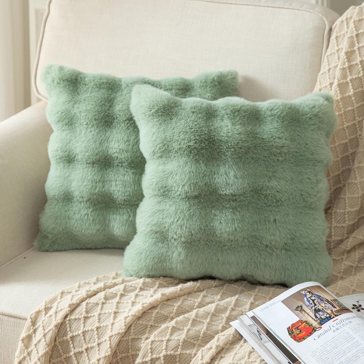 Decoratieve Kussenhoezen 45 x 45 cm - Sage Groen - Dikke Wol - Luxe Zacht Polyester - SnelShoppen