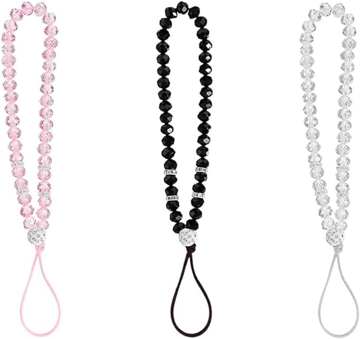 Mobiel toont lanyards 3-pack - kristallen kralen - stijlvol in roze, transparant en zwart - SnelShoppen