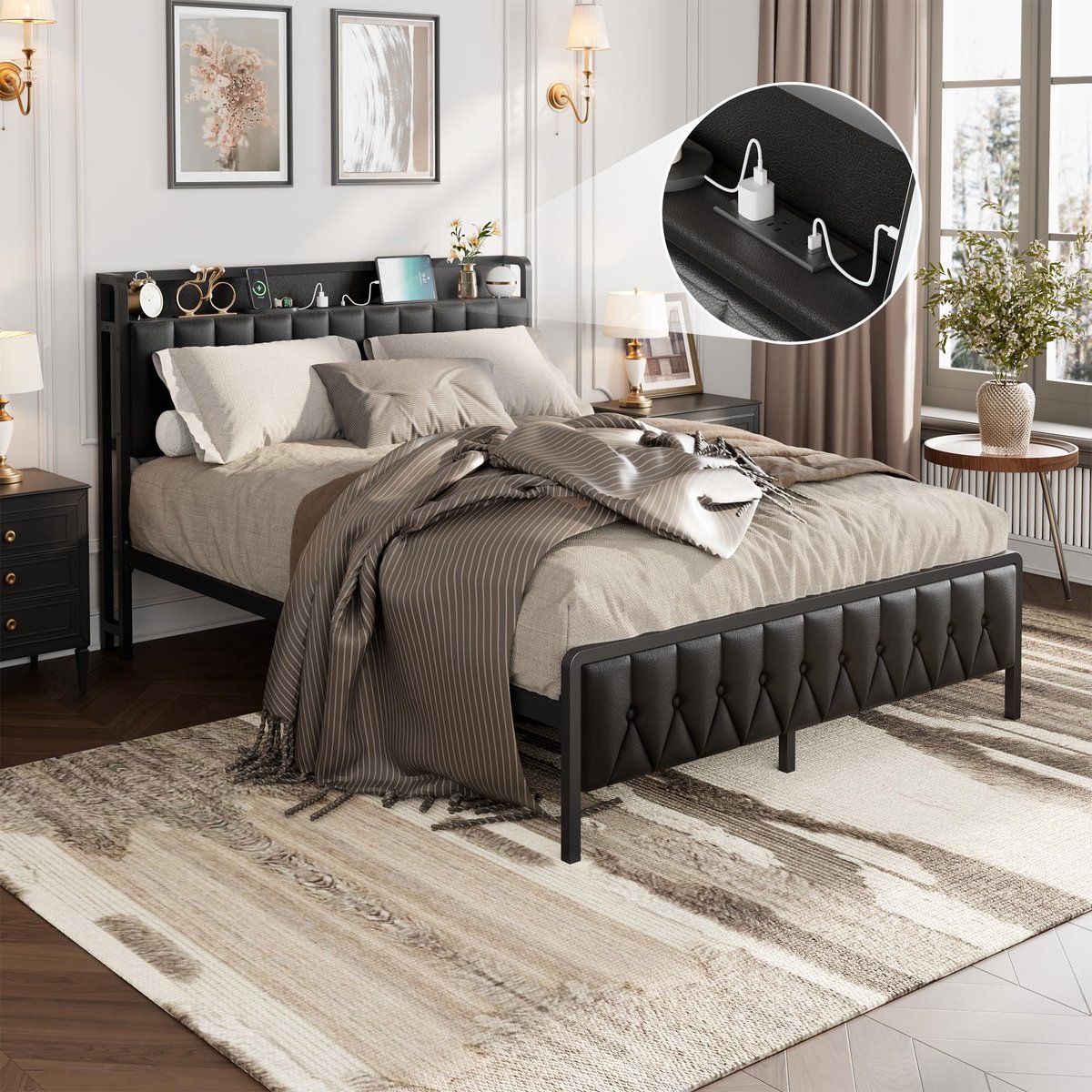 Triumpunpre Tweepersoonsbed Queen - Metalen Bedframe met Gestoffeerd PU Hoofdbord - Met Stopcontacten & USB Oplaadpoort - Stevig en Stil Bedframe - Zwart