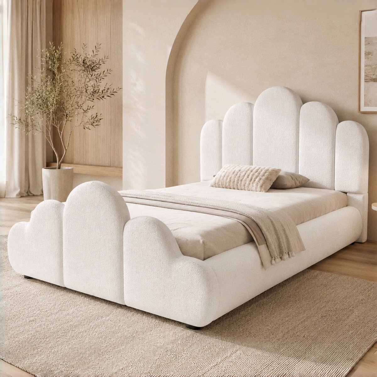 STILVORA Gestoffeerd Bed 90 x 200 cm - Eenpersoons Kinderbed Met Golvend Hoofdbord - Lattenbodem - Voor Kinderkamer - Bouclestof - Beige - Zonder Matras