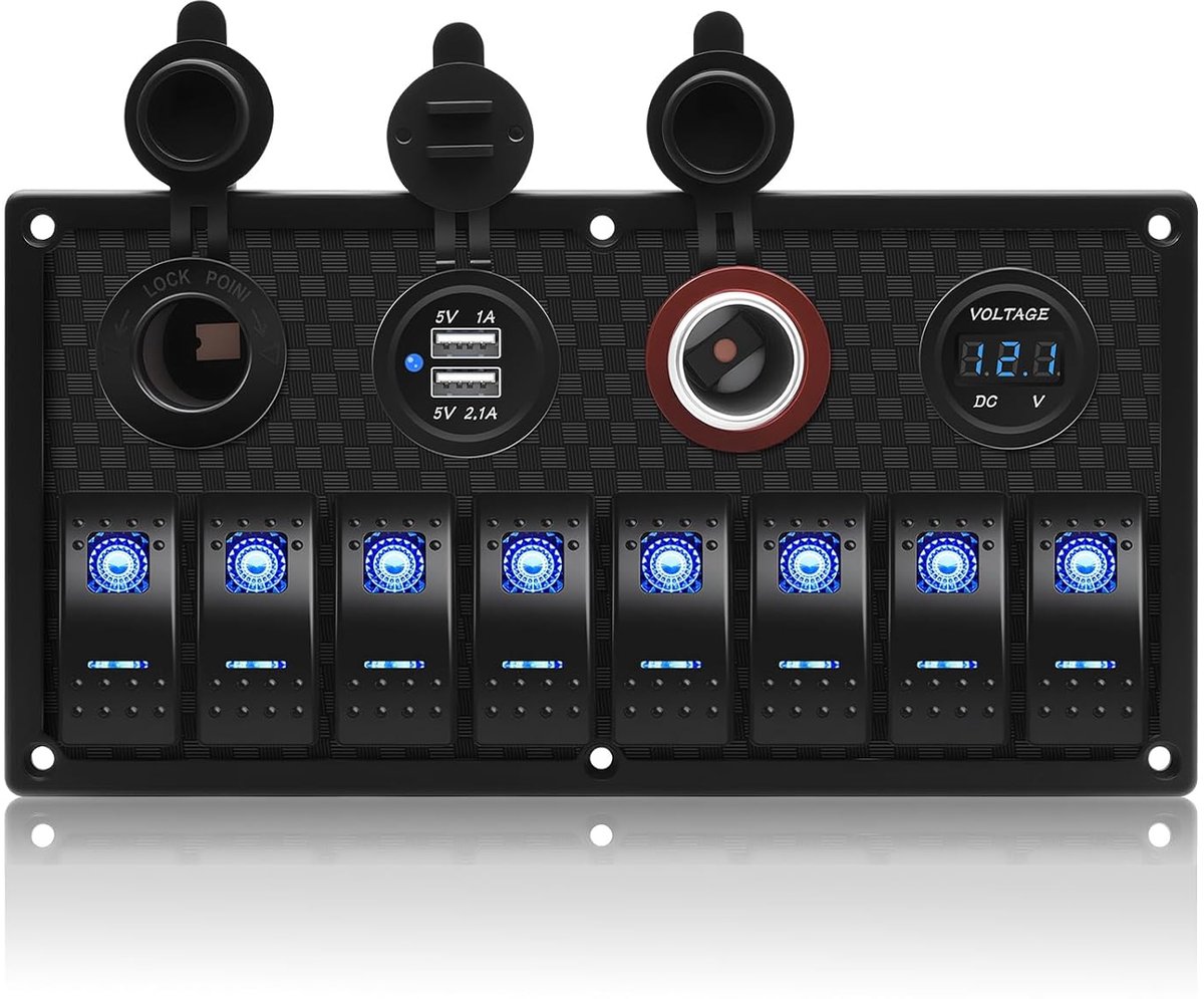 SnelShoppen - CT-CARID 8 Gang Rocker Switch Paneel met 4 in 1 Multi-Functies, Dual USB Oplader, 12V Voedingsaansluiting, LED Voltmeter, Blauw voor Aut