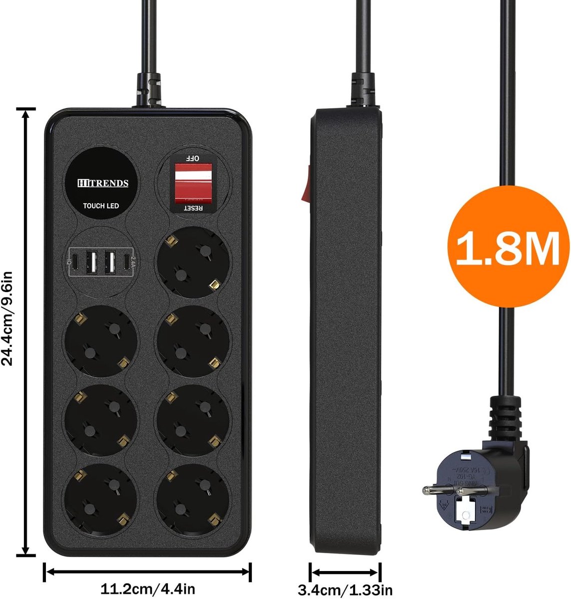 Stekkerdoos 7-voudig - zwart - afzonderlijk schakelbaar - met USB-aansluitingen voor opladen - ShopVlot
