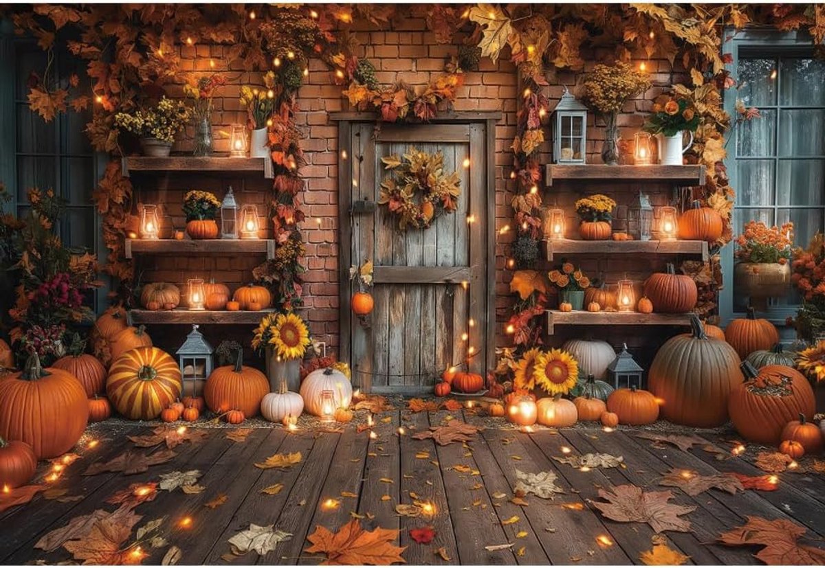 Fotografie Achtergrond 8x6ft - Houten Vloer en Baksteen Muur - Herfst Pompoenen en Zonnebloemen - ShopVlot