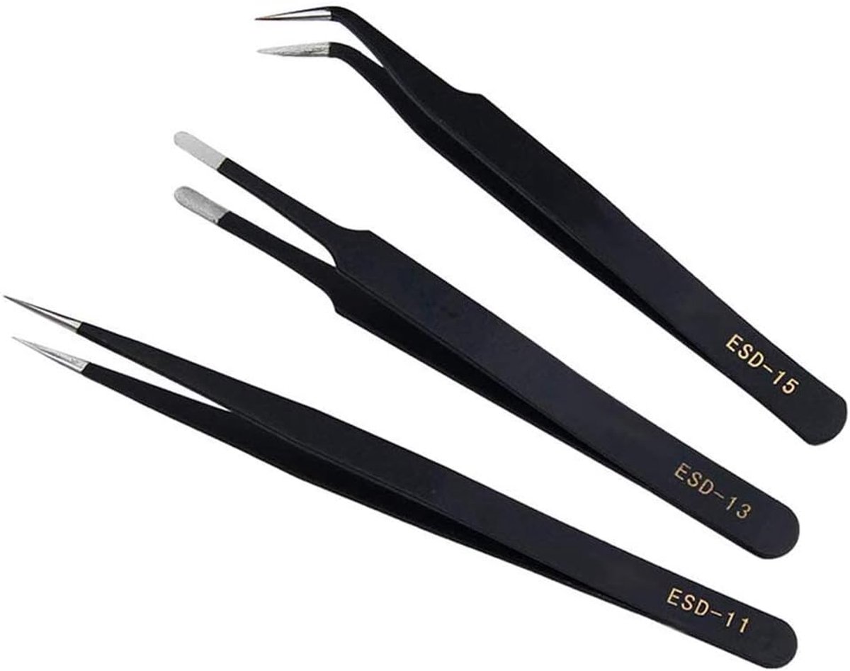 Tweezers set 3pcs - RVS antistatische pincet - fijne en gebogen tips - perfect voor elektronica - ShopVlot