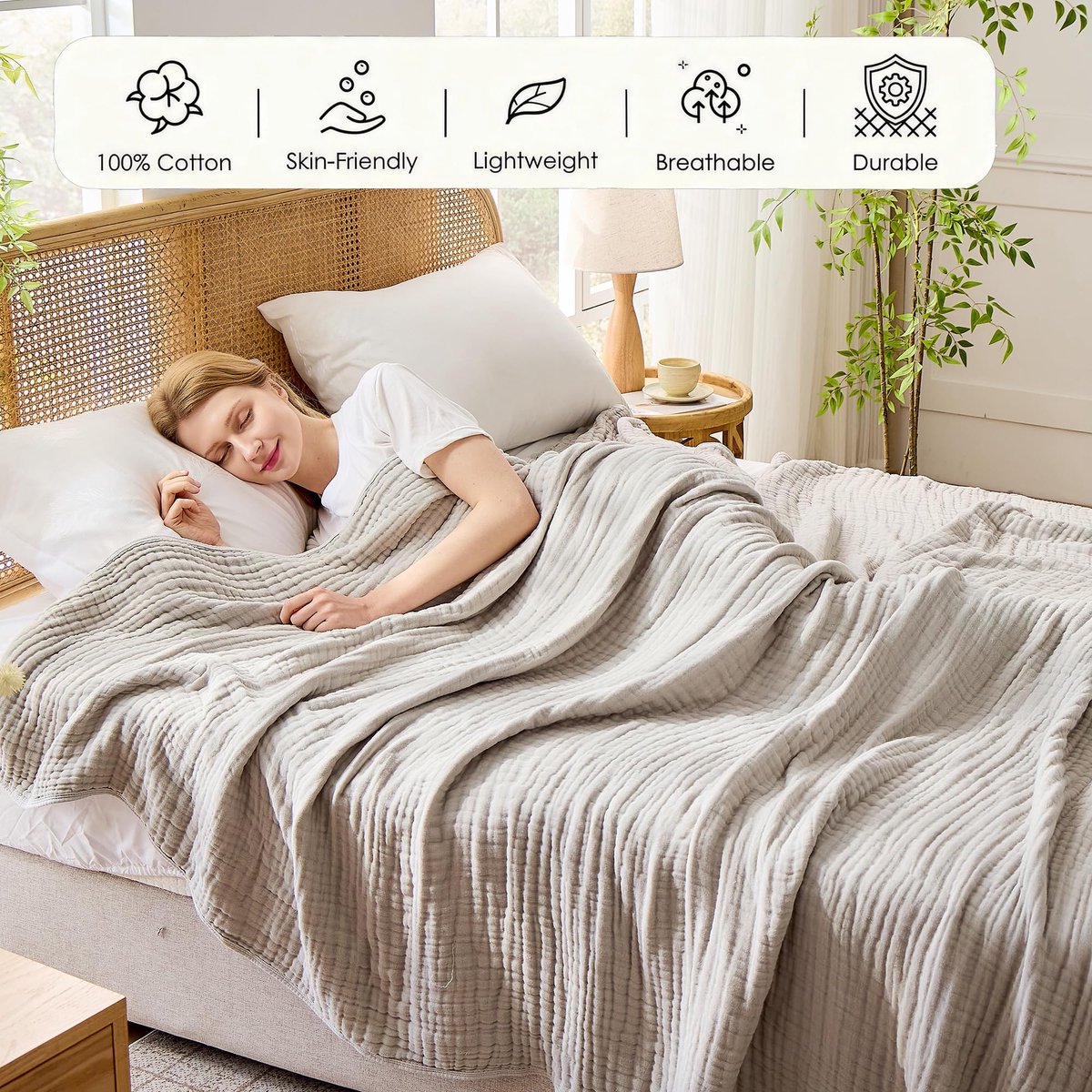 Plaid 130 x 150 cm - 100% katoenen mousseline - lichtgrijs - zachte en gezellige deken voor bed of bank - ShopVlot
