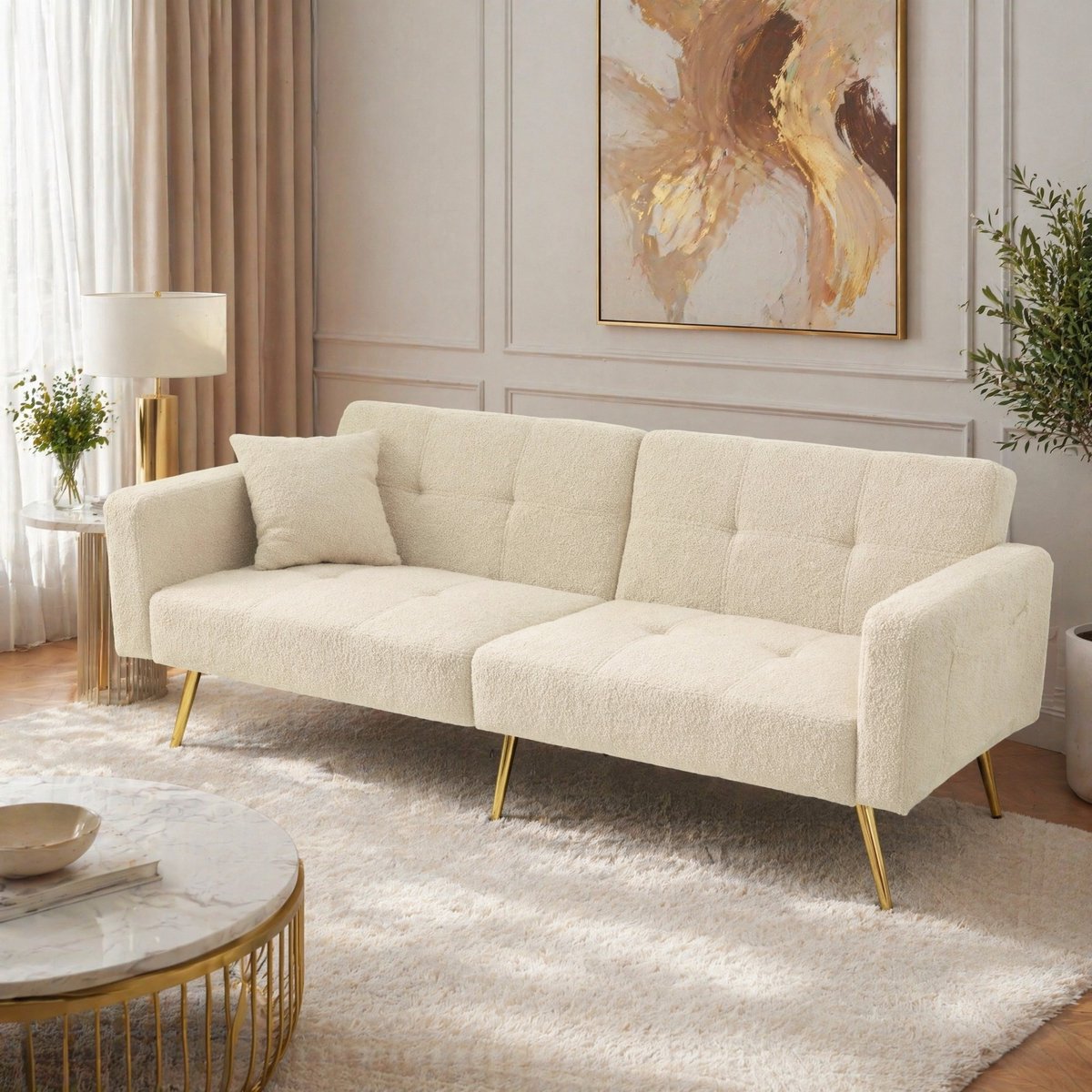 MEUNIQ slaapbank met bedfunctie 175 x 64 x 72 cm, verstelbare rugleuning, 2-zits, opbergvakken, houten frame, beige