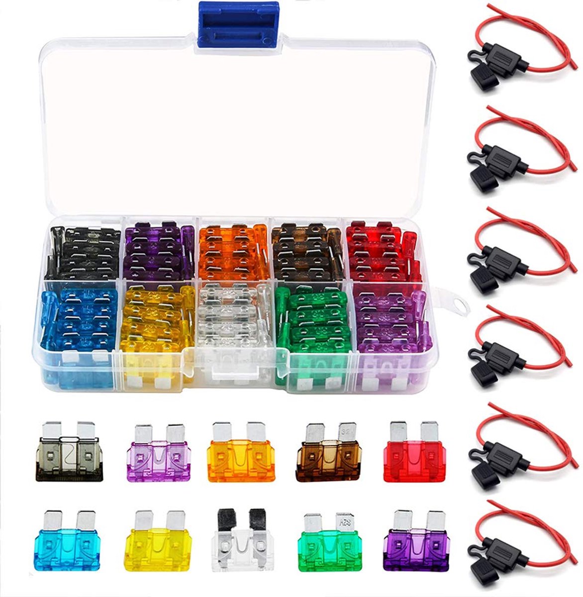 Autozekeringenhouder 100PCS - Assortiment standaard meszekeringen - Inclusief 6PCS waterdichte bedrading - ShopVlot