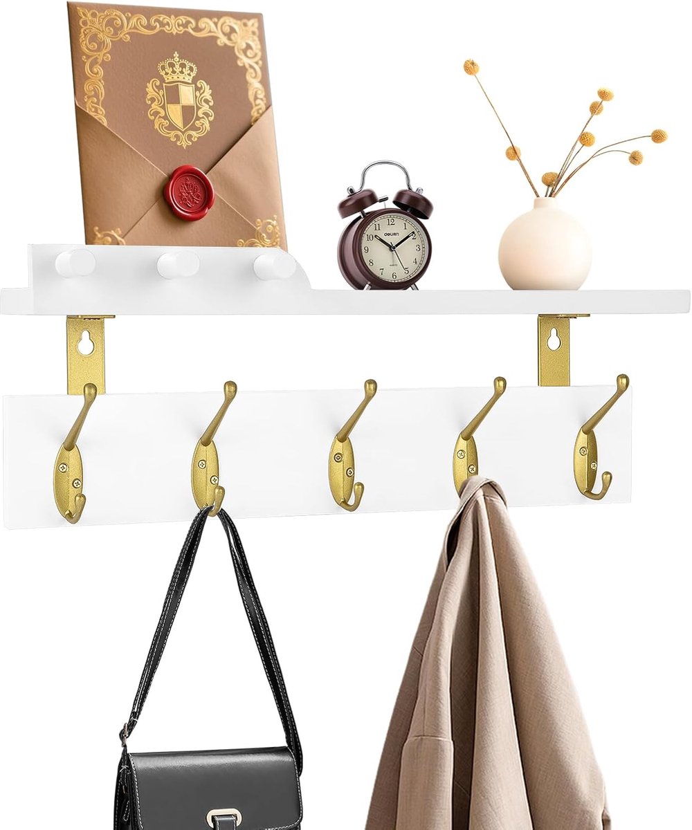 Wandgemonteerde kapstok met plank - 5 gouden dubbele haken - 16,5 inch witte houten plank - ideaal voor entree - ShopVlot