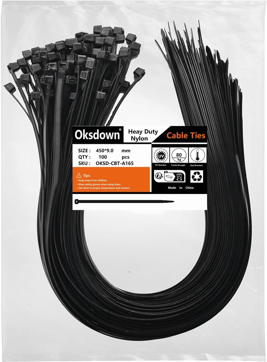 Kabelbinders 450 mm x 9 mm - sterke nylon - 80 kg treksterkte - ideaal voor kabelbeheer - ShopVlot