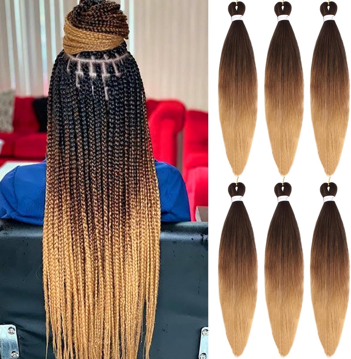 6 verpakkingen 76 cm voorgerekt vlechthaar Zwart Bruin Honingblond EZ vlechten Haar Zachte Yaki Textuur Kanekalon synthetische vezel heet water instellen gehaakte vlechten haarextensies (#1B