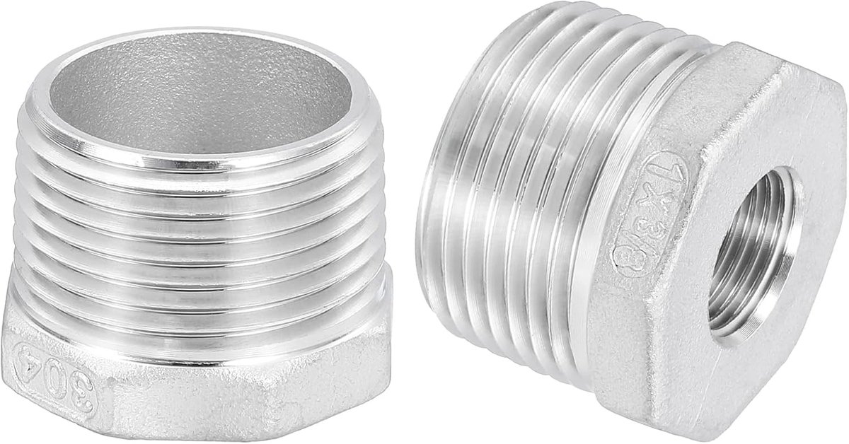 NPT 304 roestvrijstalen verloopstuk, 2 stuks, 1 inch, mannelijk naar 3/8 inch, roestvrij staal, reducerende gietijzeren buisadapter, fitting voor industriële, olie-/gas- en sanitaire
