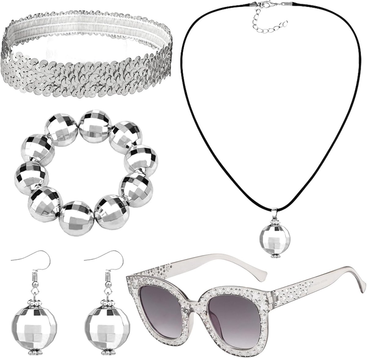 Kostuumaccessoires in jaren '70-stijl, 6 stuks, disco-accessoires, hoofdband, oorbellen, discobal, zonnebril, armband, halsketting voor fotoaccessoires, feestaccessoires