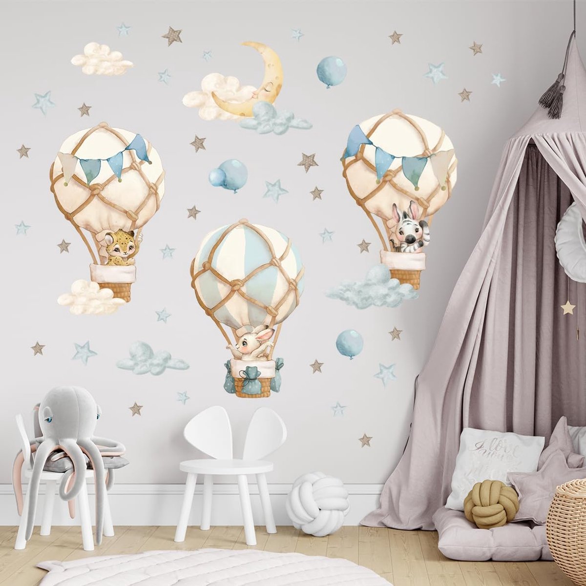 Muursticker voor kinderkamer - Kinderkamerdecoratie - Muursticker voor kinderkamer meisje, jongen - Dieren in ballonnen, blauw, sterren, maan, heteluchtballonnen - 46stk