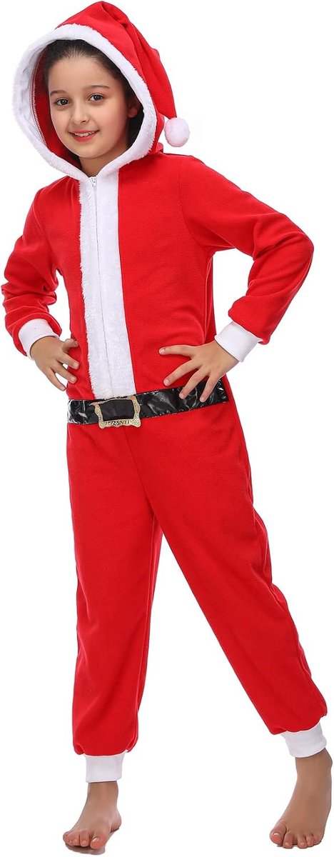 Party Santa Claus Onesie voor Kinderen, Jongens Meisjes Santa Kostuum voor Kerstmis met Hooded Santa Hat S(4-6)