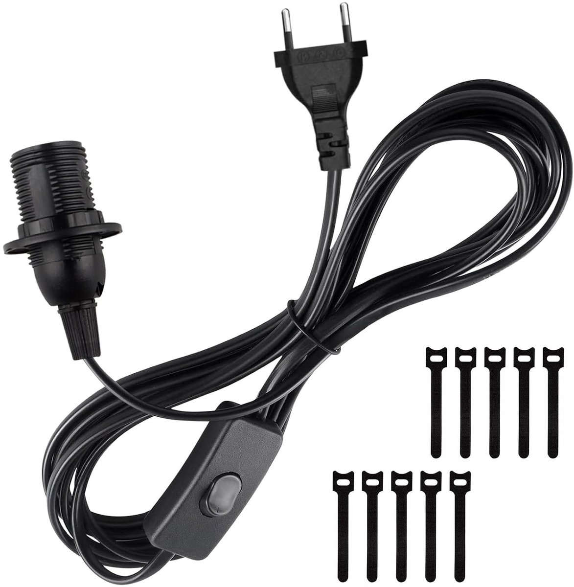 Lamphouder met schakelaar, zwart, E14-fitting met 5 m netsnoer, 2 x 0,75 mm², lampophanging, lampkabel met stekker voor keuken, woonkamer en kinderkamer (zwart)
