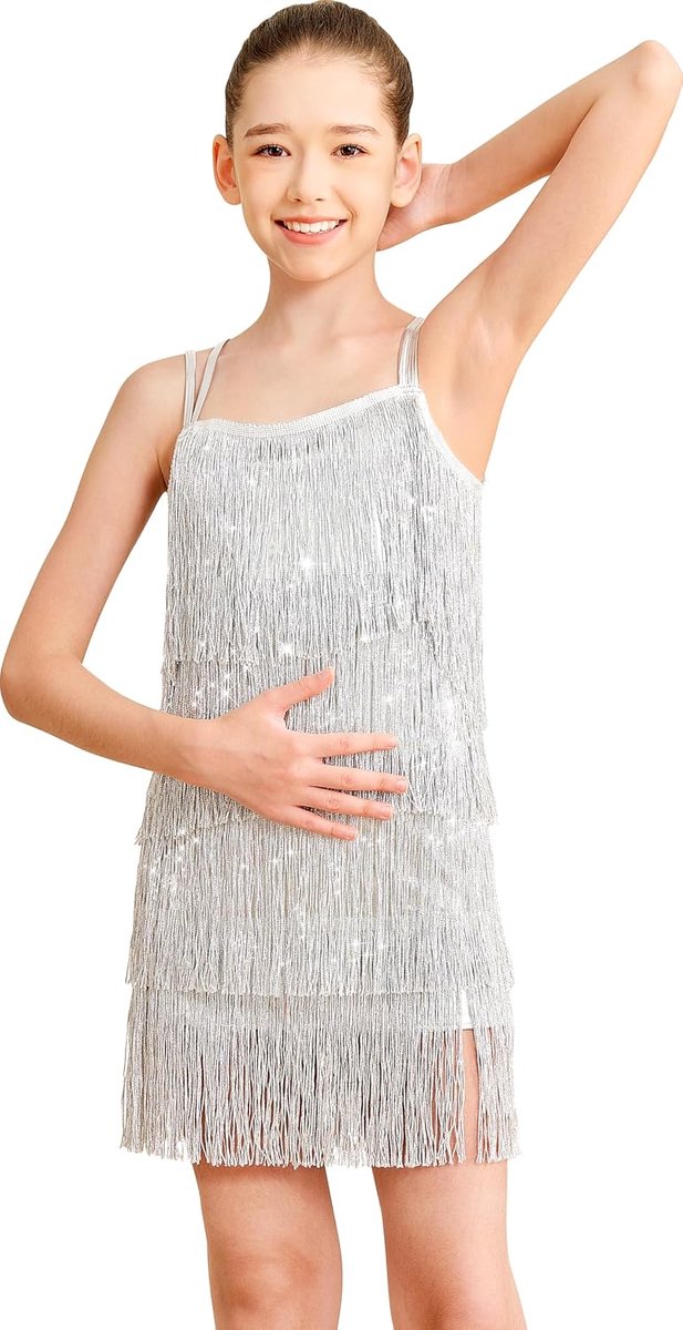 Meisjesjurk met kwastjes, fonkelende vintage dansoutfit voor kinderen, kostuum, Lyrische franjes, dansrok, dubbele gekruiste rug, performance balroom party