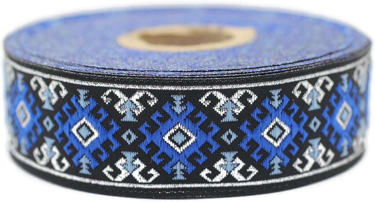 Lint saffierblauw en metallic zilver Desert Star - vlechtwerk ornament met geometrische patronen | 2,5 cm x 10 m | decoratief lint voor naaien, gordijnen, kostuums, doe-het-zelf, accessoires