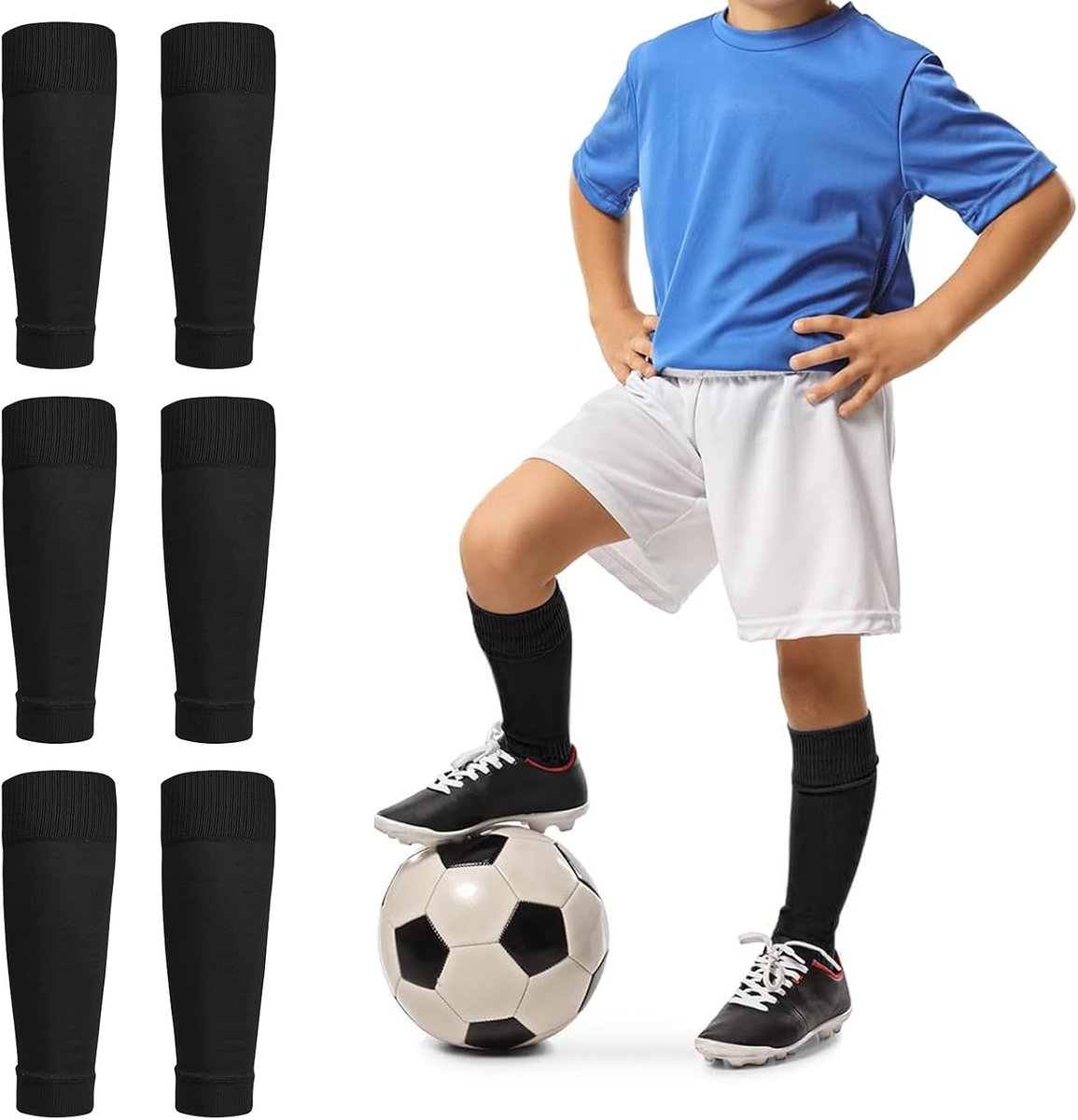 3 paar kindervoetbalsokken, zwarte ademende scheenbeschermersokken, elastische voetbalsokkenondersteuning, voor voetbalwedstrijden beginners