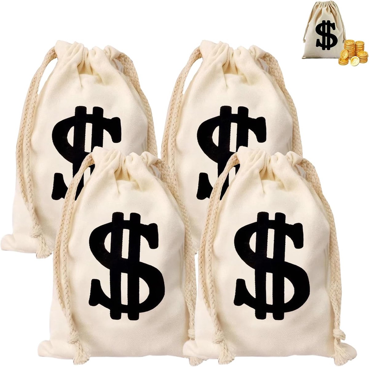 Geldzakken, geldzakjes, geldzak met dollarteken, 17 x 25 cm, muntzakje, bankspaarzak met trekkoord, dollarteken, stoffen zak, herbruikbare cadeauzakjes, voor speurjagen en podiumuitvoeringen