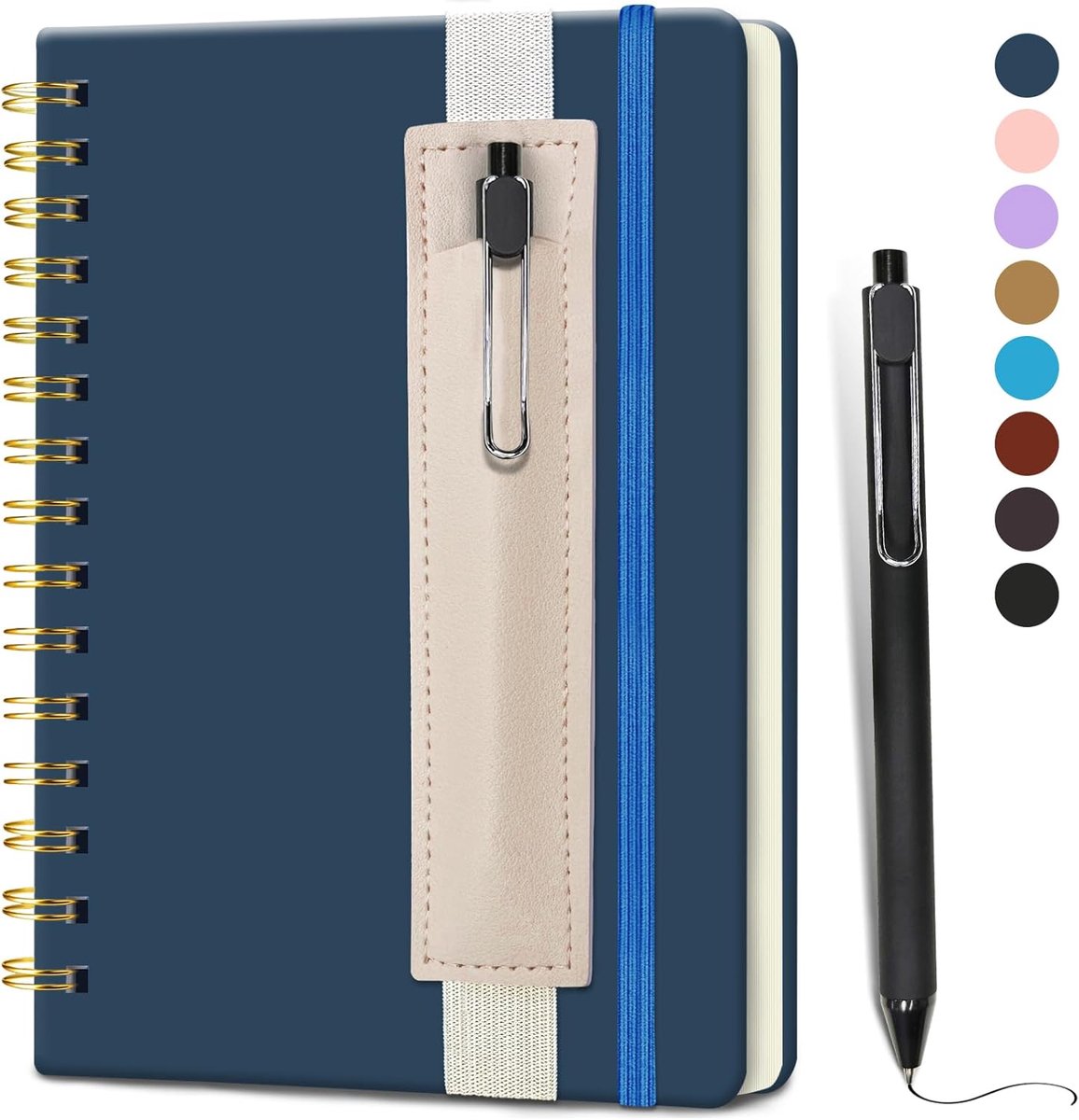 Spiraal Notitieboekje, 14,5x21cm 160 Gelinieerde Pagina’s | Met Pennenhouder Pen A5-Formaat Leren Reisdagboek Voor Mannen Vrouwen Voor School Studie Werk Thuis Notitie Maken–Marineblauw