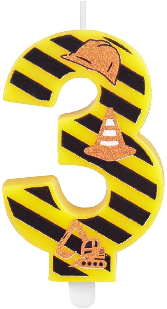 Dailygoods - Bouwthema Verjaardagskaars, Bouw Verjaardagstaart Toppers voor Jongens, Nummer 3 Kaars, Geel-Zwarte Strepen Verjaardagskaars voor Thema Verjaardagsfeestje Decoratie Benodigdheden