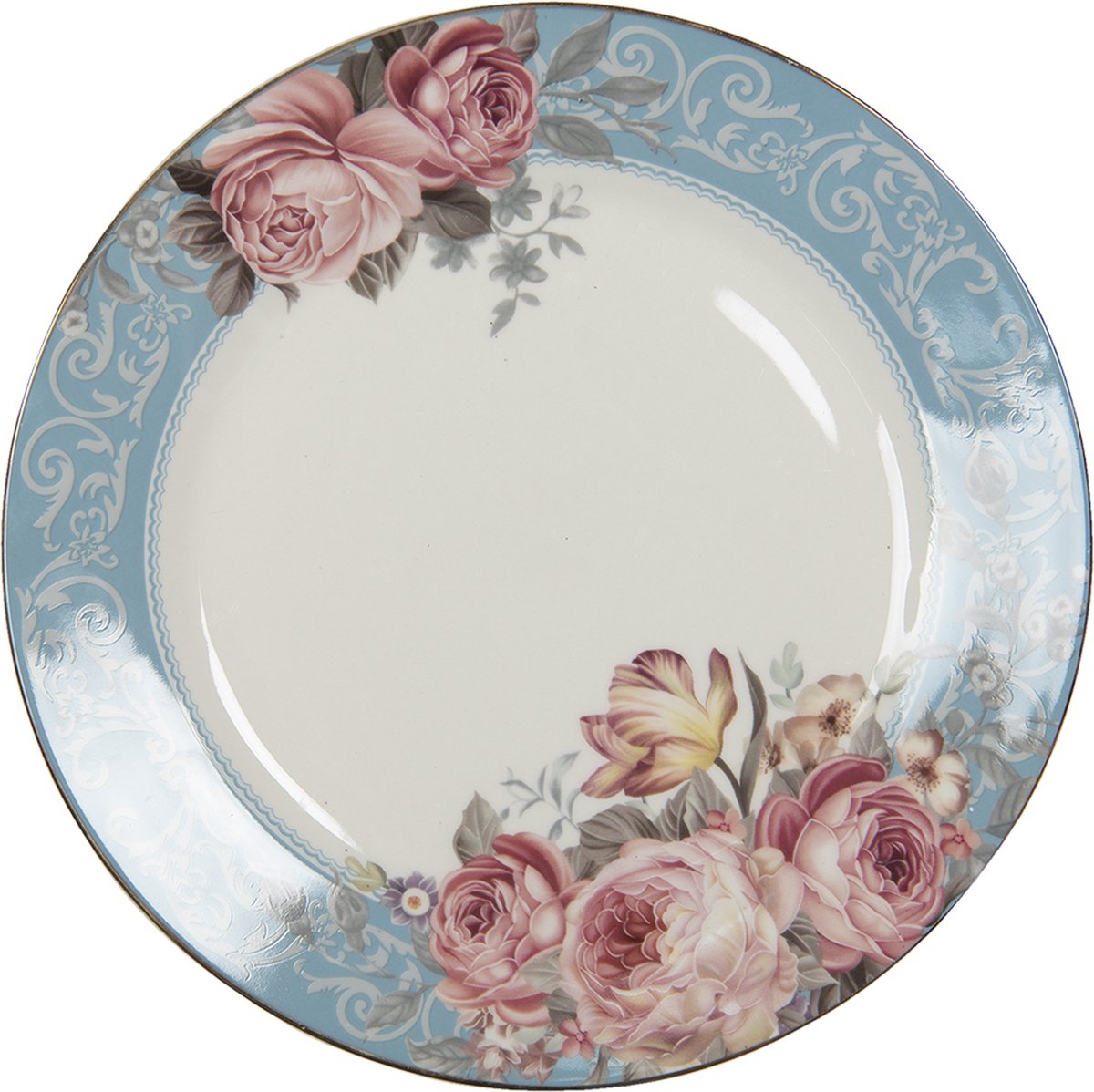 Clayre & Eef Dinerbord Ø 26 cm Blauw Wit Porselein Bloemen