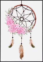 Poster met dromenvanger en roze bloemen en veren - 20x30 cm
