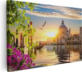 Artaza Canvas Schilderij Kanaal in Venetië met Bloemen - 120x80 - Groot - Foto Op Canvas - Wanddecoratie Woonkamer